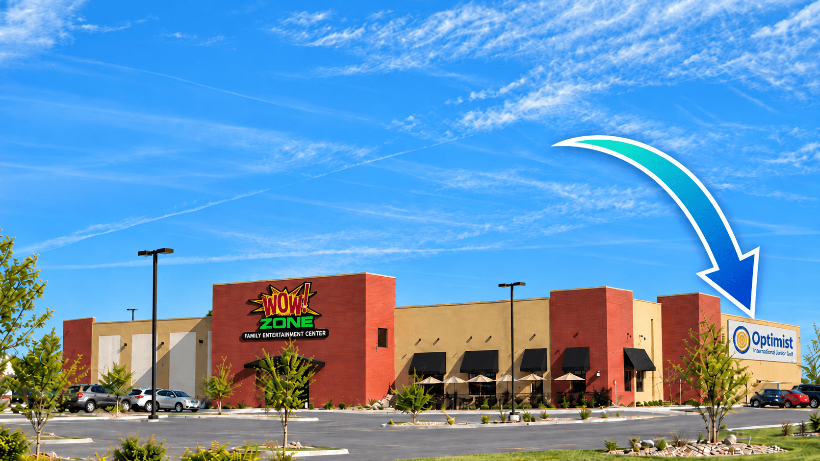 The Wow Zone in Mankato, where the club meets, with an arrow pointing to the restaurant-side entrance